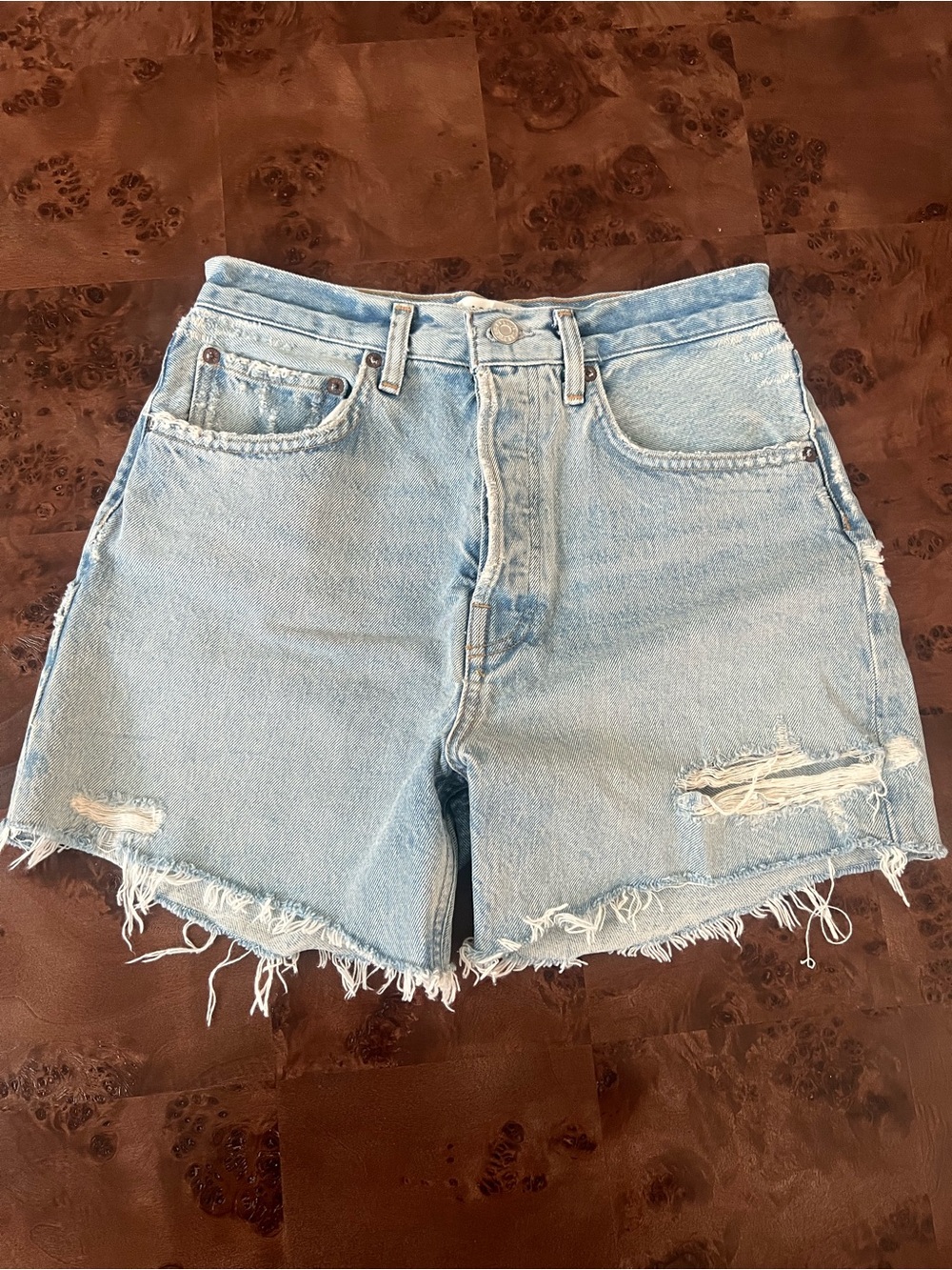 Agolde Light Blue Distressed High-Rise Jean Shorts